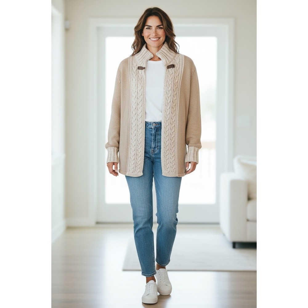 AIDA Women Beige Cable Knit Chunky‎ Cardigan Sweater Toggle Closure Size M